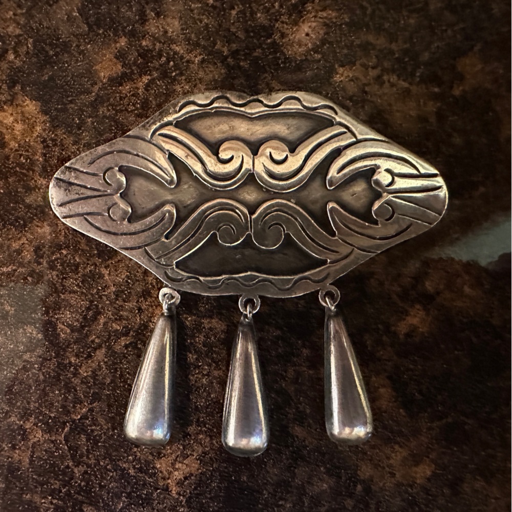 Antique 925 Sterling Silver Art Nouveau/Deco Cloud Dangling Raindrops Brooch Pin